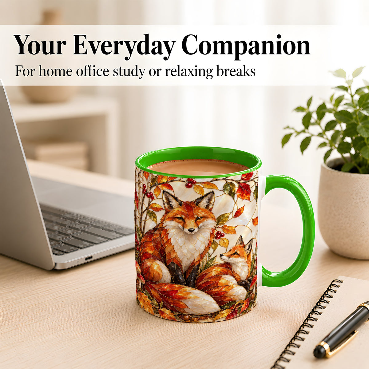 #pl[11oz|Green] Stained Glass Style Fox Coffee Mug, Autumn Fox Mug, Ceramic Cup