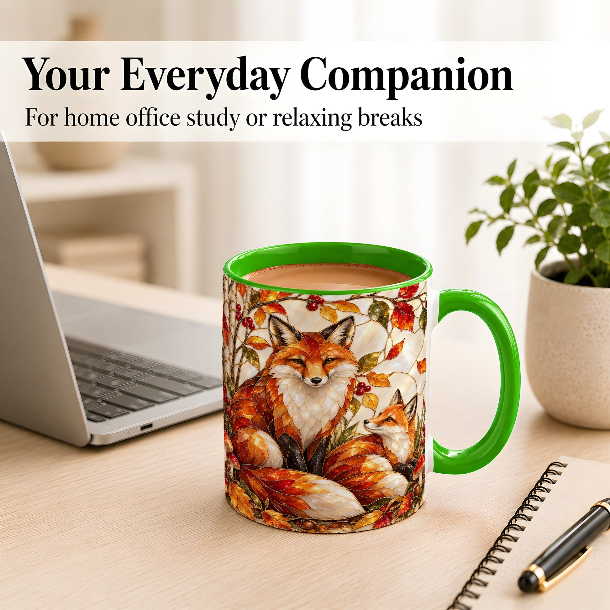 #pl[11oz|Green] Stained Glass Style Fox Coffee Mug, Autumn Fox Mug, Ceramic Cup