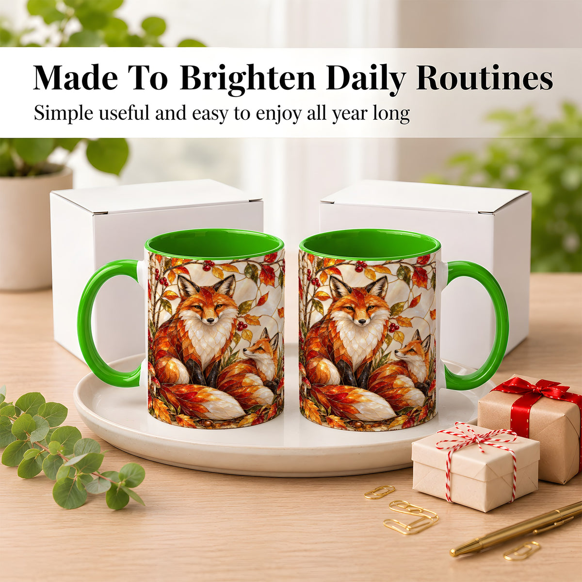 #pl[11oz|Green] Stained Glass Style Fox Coffee Mug, Autumn Fox Mug, Ceramic Cup