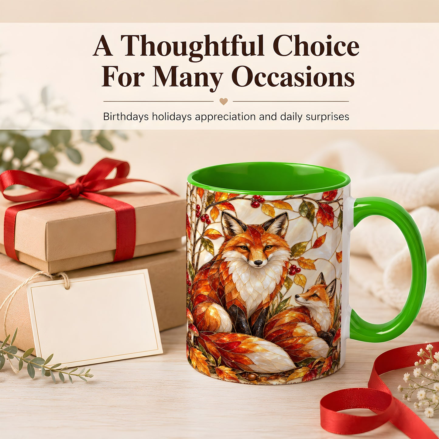 #pl[11oz|Green] Stained Glass Style Fox Coffee Mug, Autumn Fox Mug, Ceramic Cup