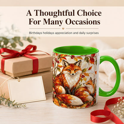 #pl[11oz|Green] Stained Glass Style Fox Coffee Mug, Autumn Fox Mug, Ceramic Cup