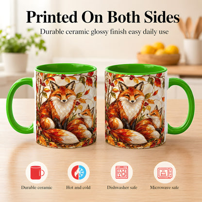 #pl[11oz|Green] Stained Glass Style Fox Coffee Mug, Autumn Fox Mug, Ceramic Cup