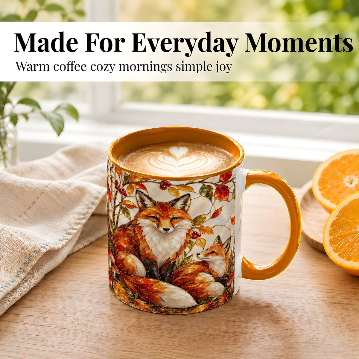 #pl[11oz|Orange] Stained Glass Style Fox Coffee Mug, Autumn Fox Mug, Ceramic Cup