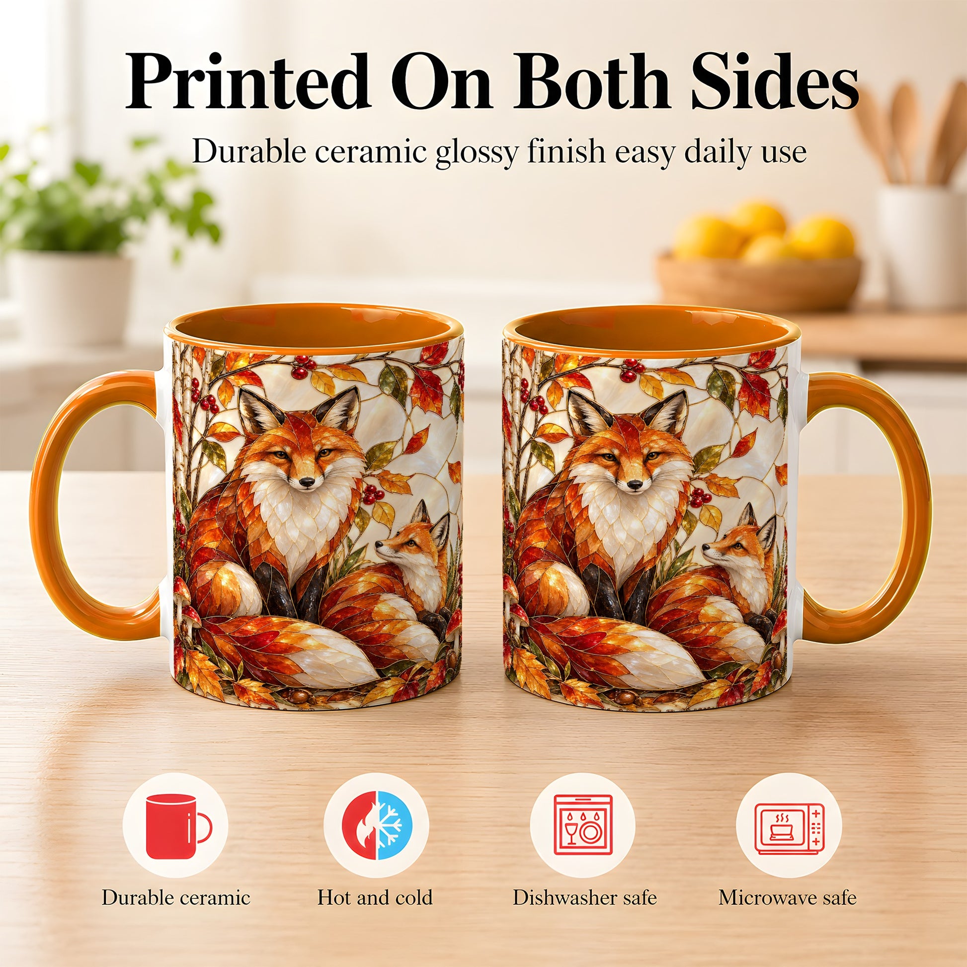 #pl[11oz|Orange] Stained Glass Style Fox Coffee Mug, Autumn Fox Mug, Ceramic Cup