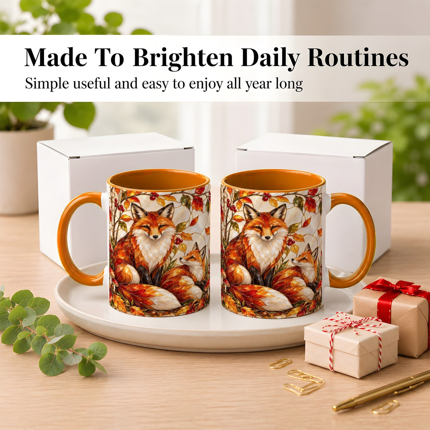 #pl[11oz|Orange] Stained Glass Style Fox Coffee Mug, Autumn Fox Mug, Ceramic Cup