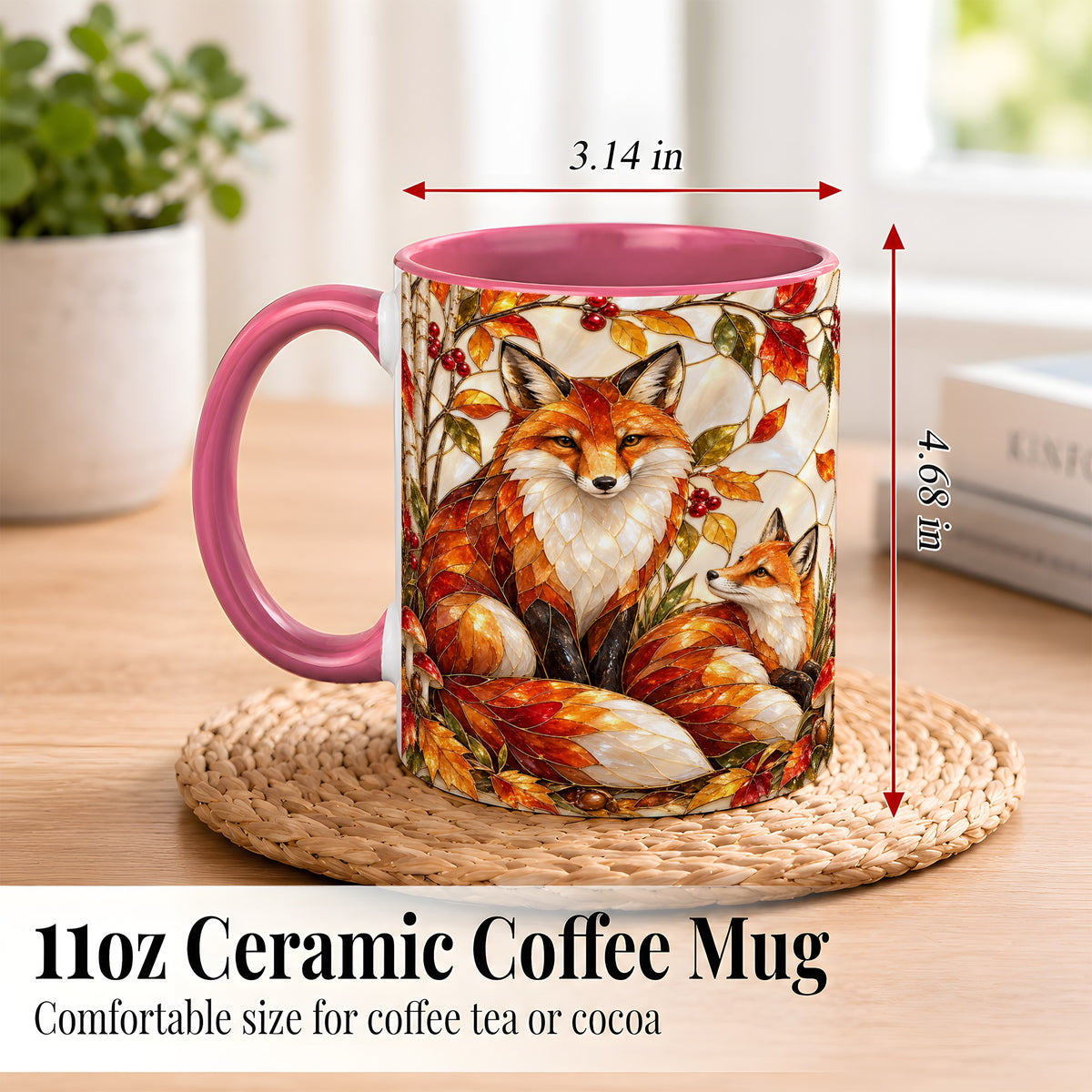 #pl[11oz|Pink] Stained Glass Style Fox Coffee Mug, Autumn Fox Mug, Ceramic Cup