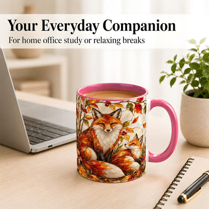 #pl[11oz|Pink] Stained Glass Style Fox Coffee Mug, Autumn Fox Mug, Ceramic Cup