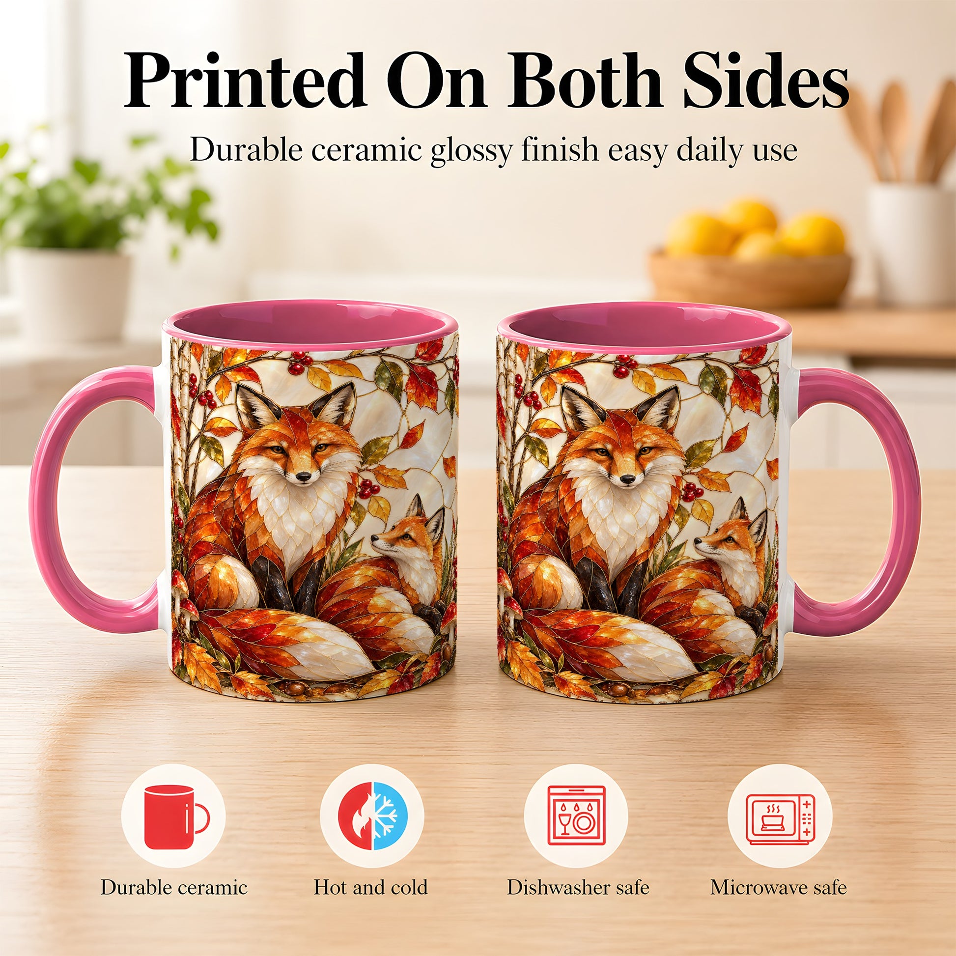 #pl[11oz|Pink] Stained Glass Style Fox Coffee Mug, Autumn Fox Mug, Ceramic Cup