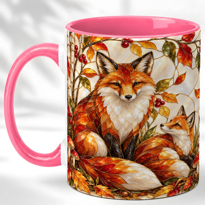 #pl[11oz|Pink] Stained Glass Style Fox Coffee Mug, Autumn Fox Mug, Ceramic Cup