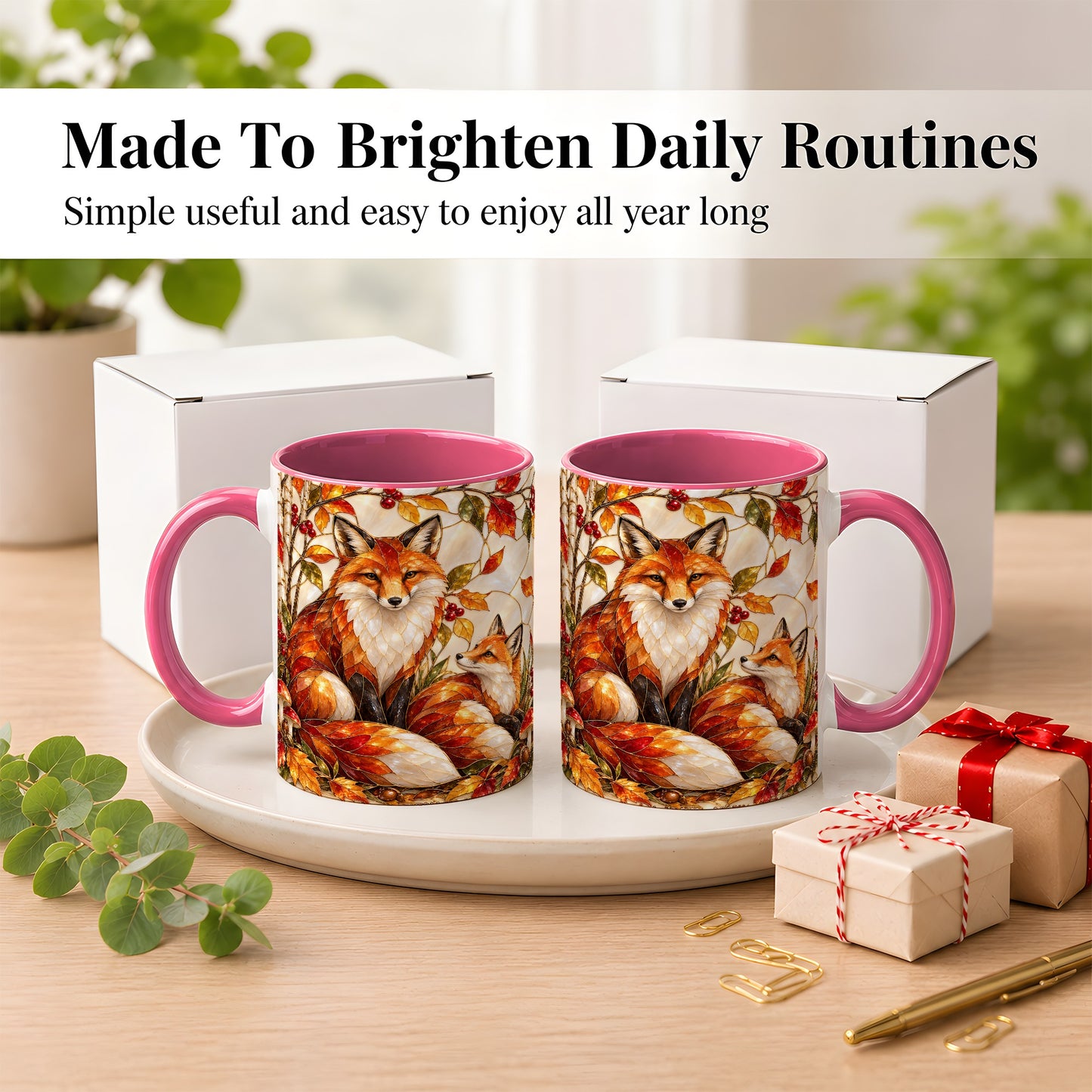 #pl[11oz|Pink] Stained Glass Style Fox Coffee Mug, Autumn Fox Mug, Ceramic Cup