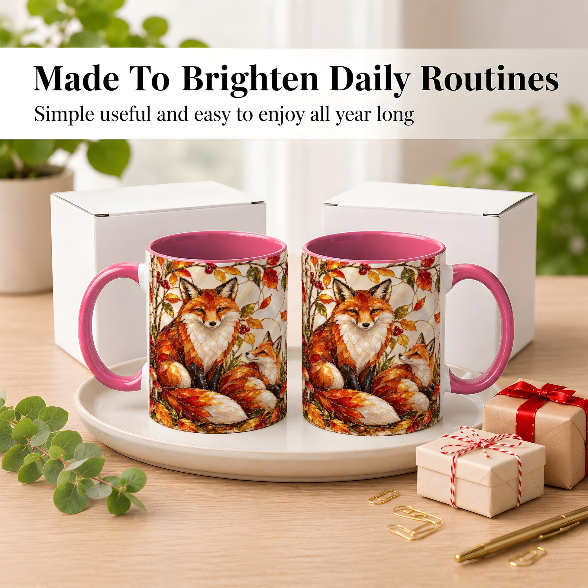 #pl[11oz|Pink] Stained Glass Style Fox Coffee Mug, Autumn Fox Mug, Ceramic Cup