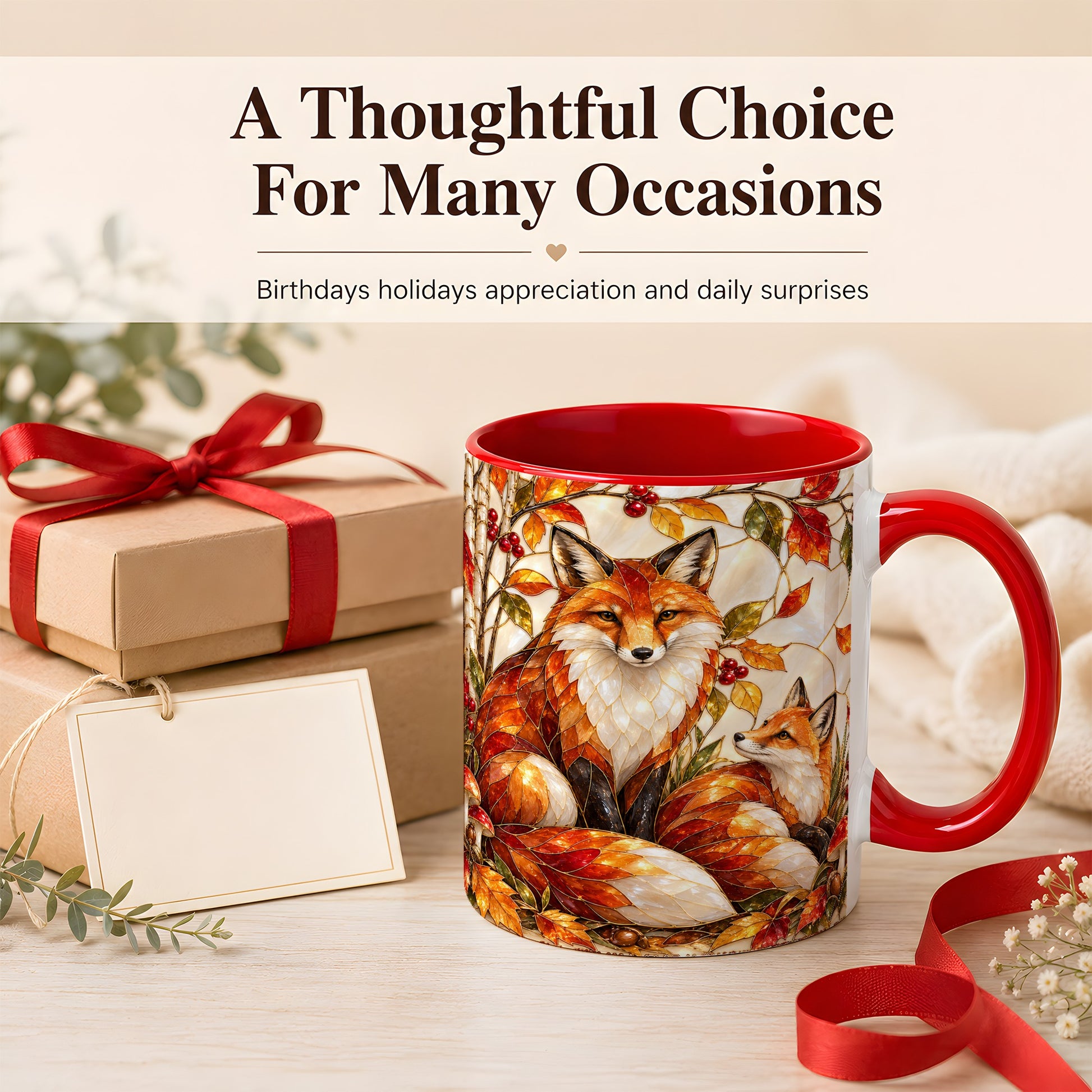 #pl[11oz|Red] Stained Glass Style Fox Coffee Mug, Autumn Fox Mug, Ceramic Cup