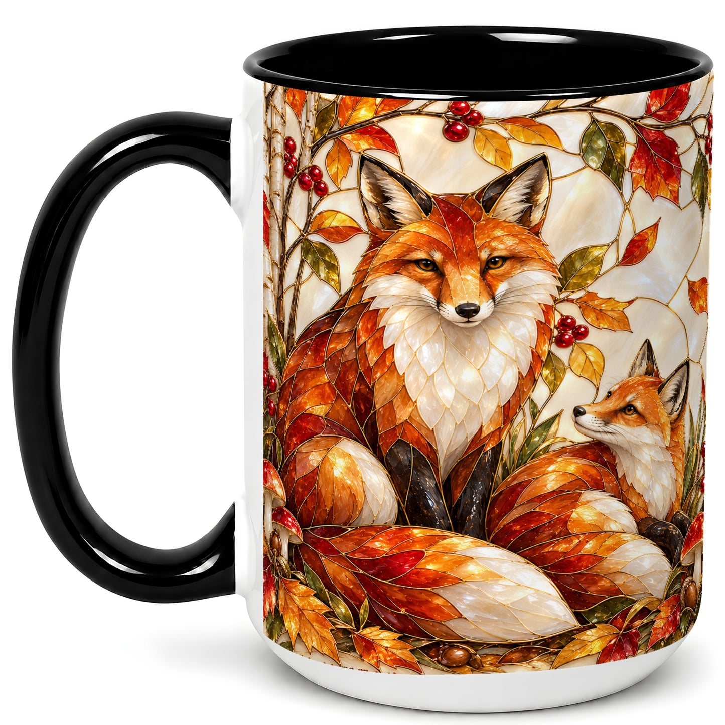 #pl[15oz|Black] Stained Glass Style Fox Coffee Mug, Autumn Fox Mug, Ceramic Cup