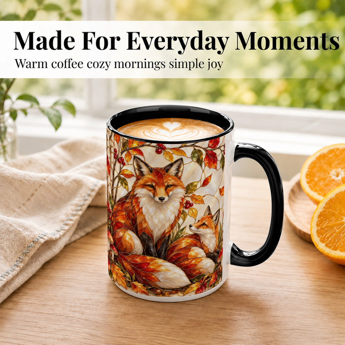 #pl[15oz|Black] Stained Glass Style Fox Coffee Mug, Autumn Fox Mug, Ceramic Cup
