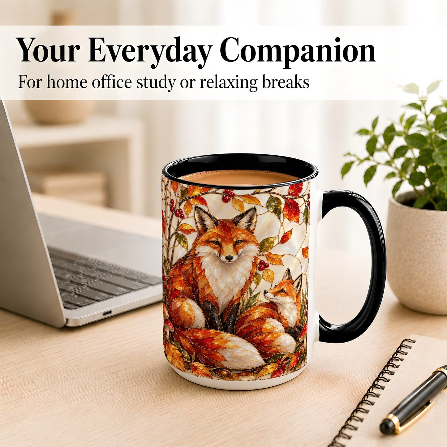 #pl[15oz|Black] Stained Glass Style Fox Coffee Mug, Autumn Fox Mug, Ceramic Cup