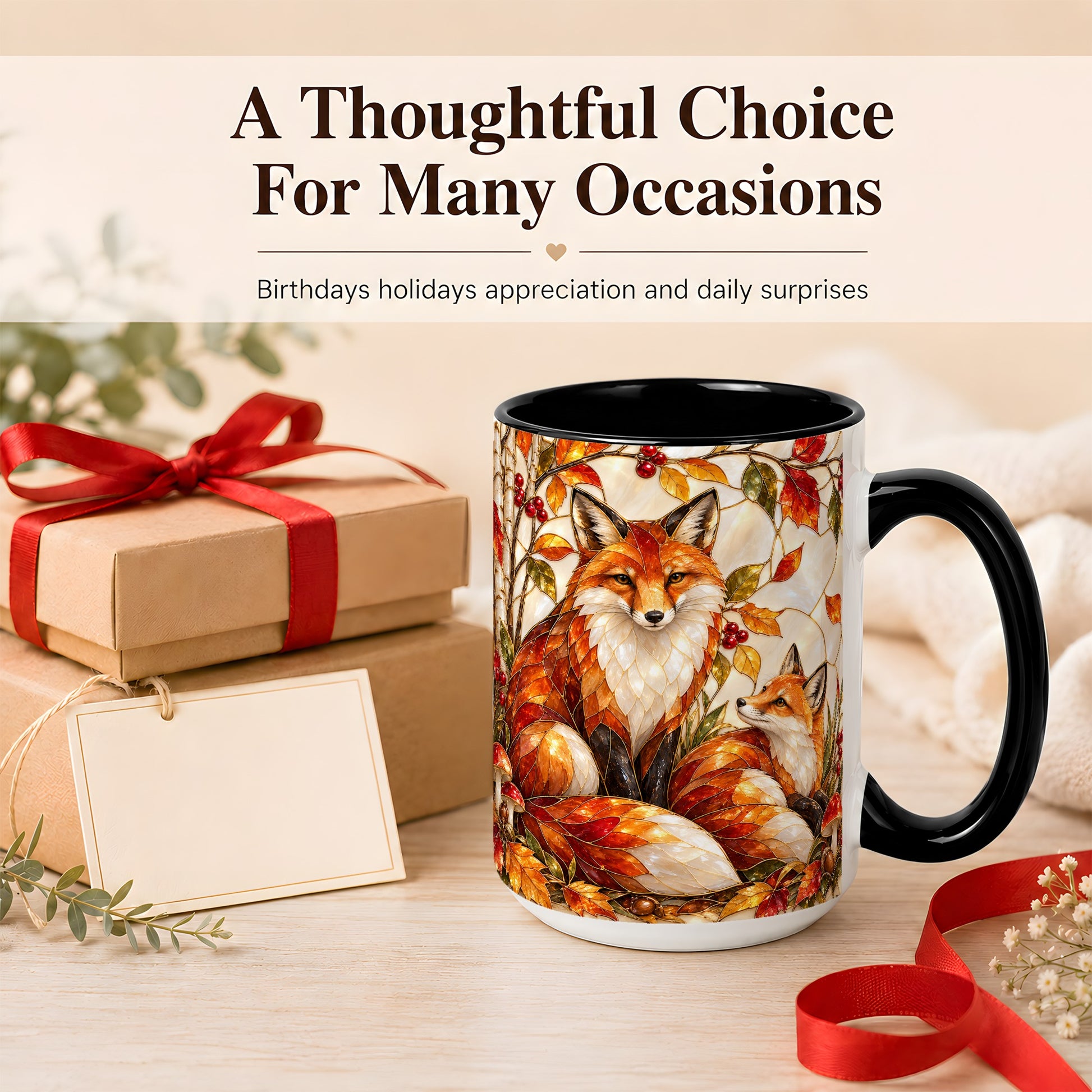 #pl[15oz|Black] Stained Glass Style Fox Coffee Mug, Autumn Fox Mug, Ceramic Cup