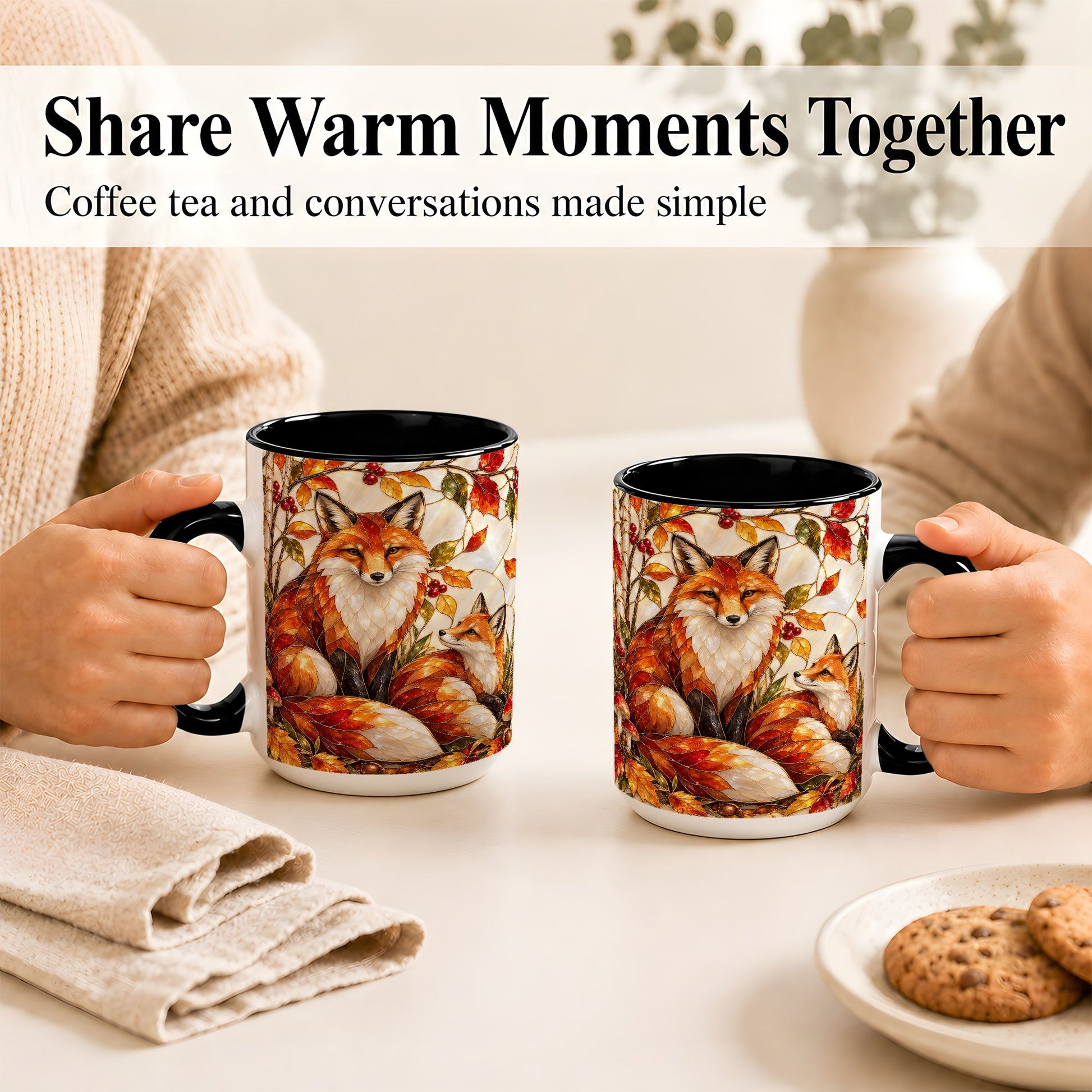 #pl[15oz|Black] Stained Glass Style Fox Coffee Mug, Autumn Fox Mug, Ceramic Cup