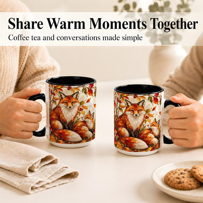 #pl[15oz|Black] Stained Glass Style Fox Coffee Mug, Autumn Fox Mug, Ceramic Cup