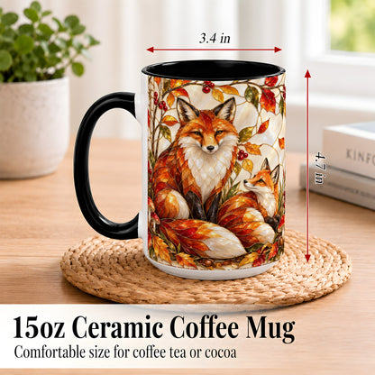 #pl[15oz|Black] Stained Glass Style Fox Coffee Mug, Autumn Fox Mug, Ceramic Cup