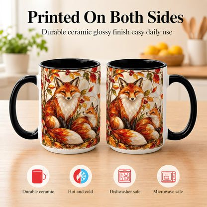 #pl[15oz|Black] Stained Glass Style Fox Coffee Mug, Autumn Fox Mug, Ceramic Cup
