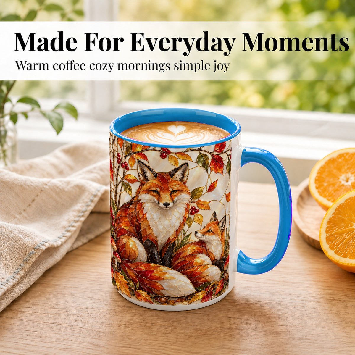 #pl[15oz|Blue] Stained Glass Style Fox Coffee Mug, Autumn Fox Mug, Ceramic Cup