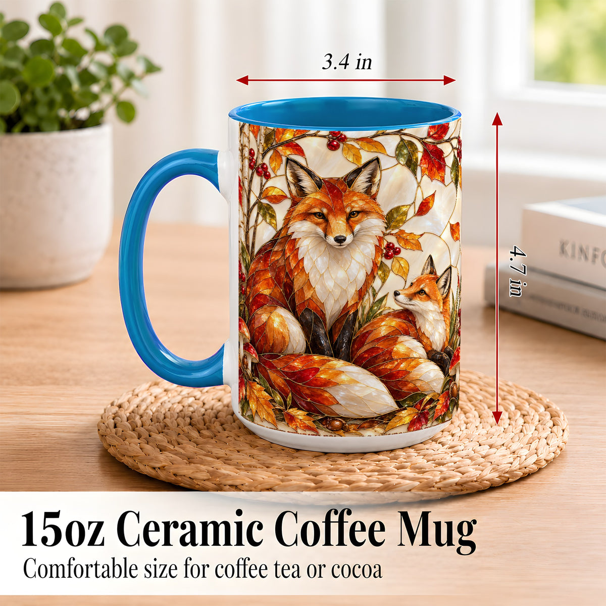 #pl[15oz|Blue] Stained Glass Style Fox Coffee Mug, Autumn Fox Mug, Ceramic Cup