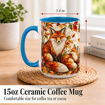 #pl[15oz|Blue] Stained Glass Style Fox Coffee Mug, Autumn Fox Mug, Ceramic Cup