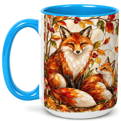 #pl[15oz|Blue] Stained Glass Style Fox Coffee Mug, Autumn Fox Mug, Ceramic Cup