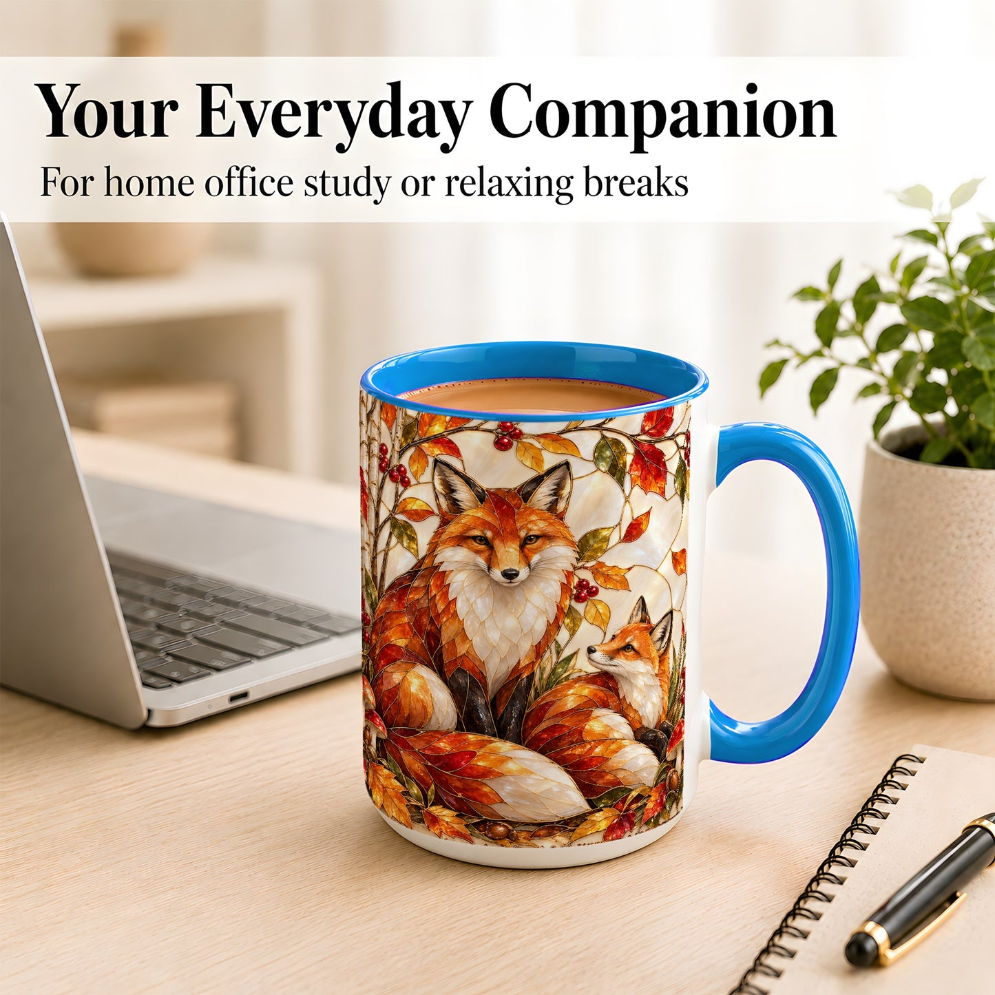 #pl[15oz|Blue] Stained Glass Style Fox Coffee Mug, Autumn Fox Mug, Ceramic Cup