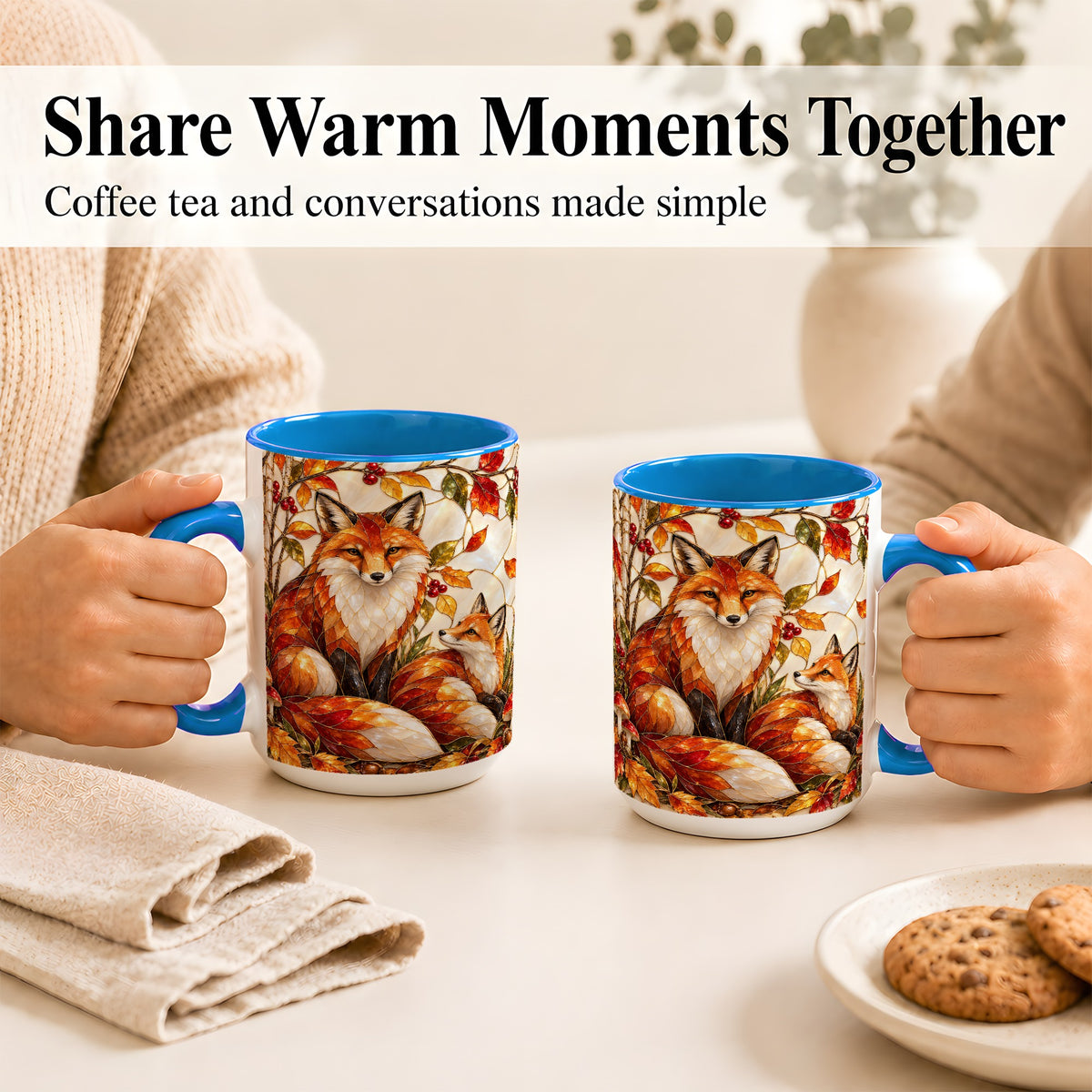#pl[15oz|Blue] Stained Glass Style Fox Coffee Mug, Autumn Fox Mug, Ceramic Cup