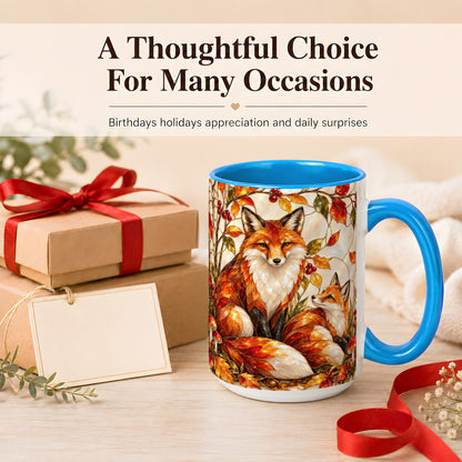 #pl[15oz|Blue] Stained Glass Style Fox Coffee Mug, Autumn Fox Mug, Ceramic Cup