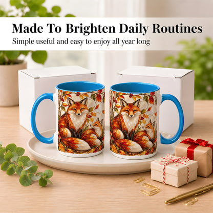 #pl[15oz|Blue] Stained Glass Style Fox Coffee Mug, Autumn Fox Mug, Ceramic Cup