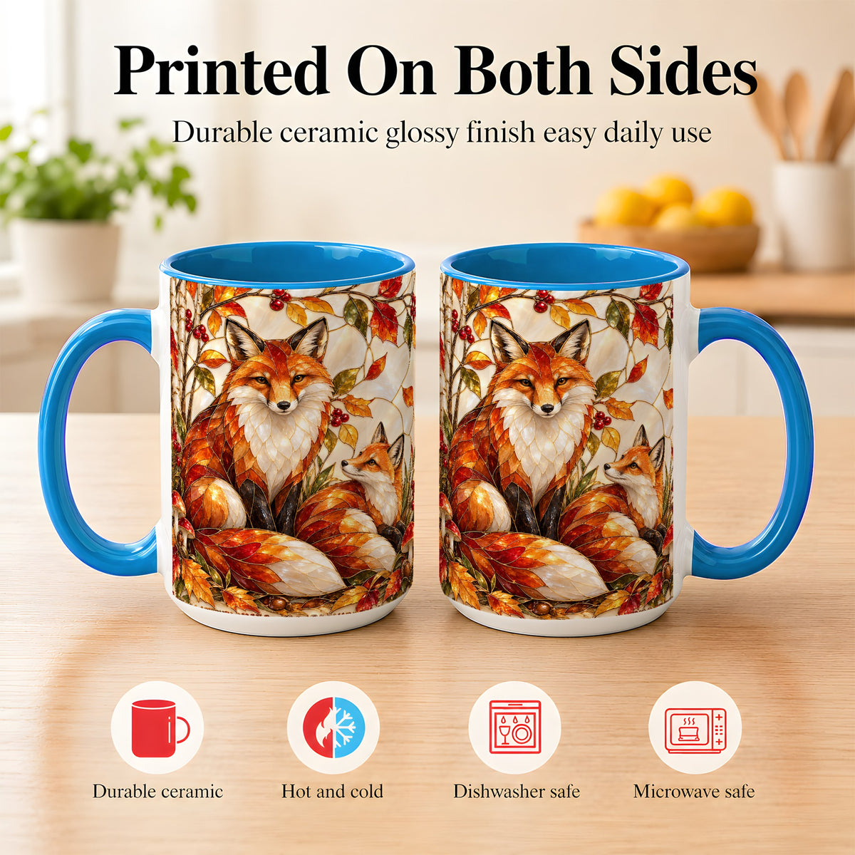 #pl[15oz|Blue] Stained Glass Style Fox Coffee Mug, Autumn Fox Mug, Ceramic Cup