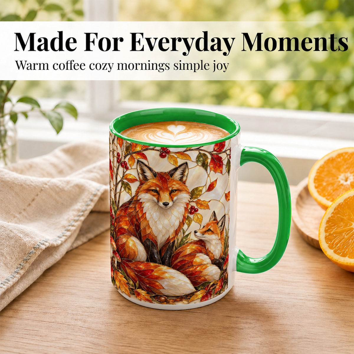 #pl[15oz|Green] Stained Glass Style Fox Coffee Mug, Autumn Fox Mug, Ceramic Cup