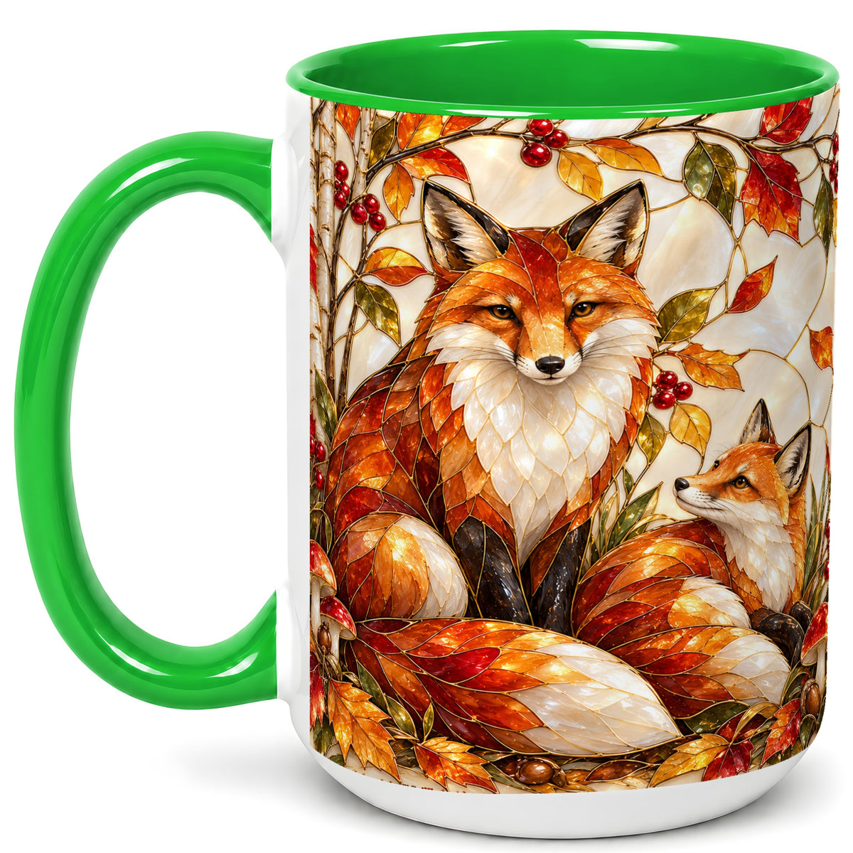 #pl[15oz|Green] Stained Glass Style Fox Coffee Mug, Autumn Fox Mug, Ceramic Cup