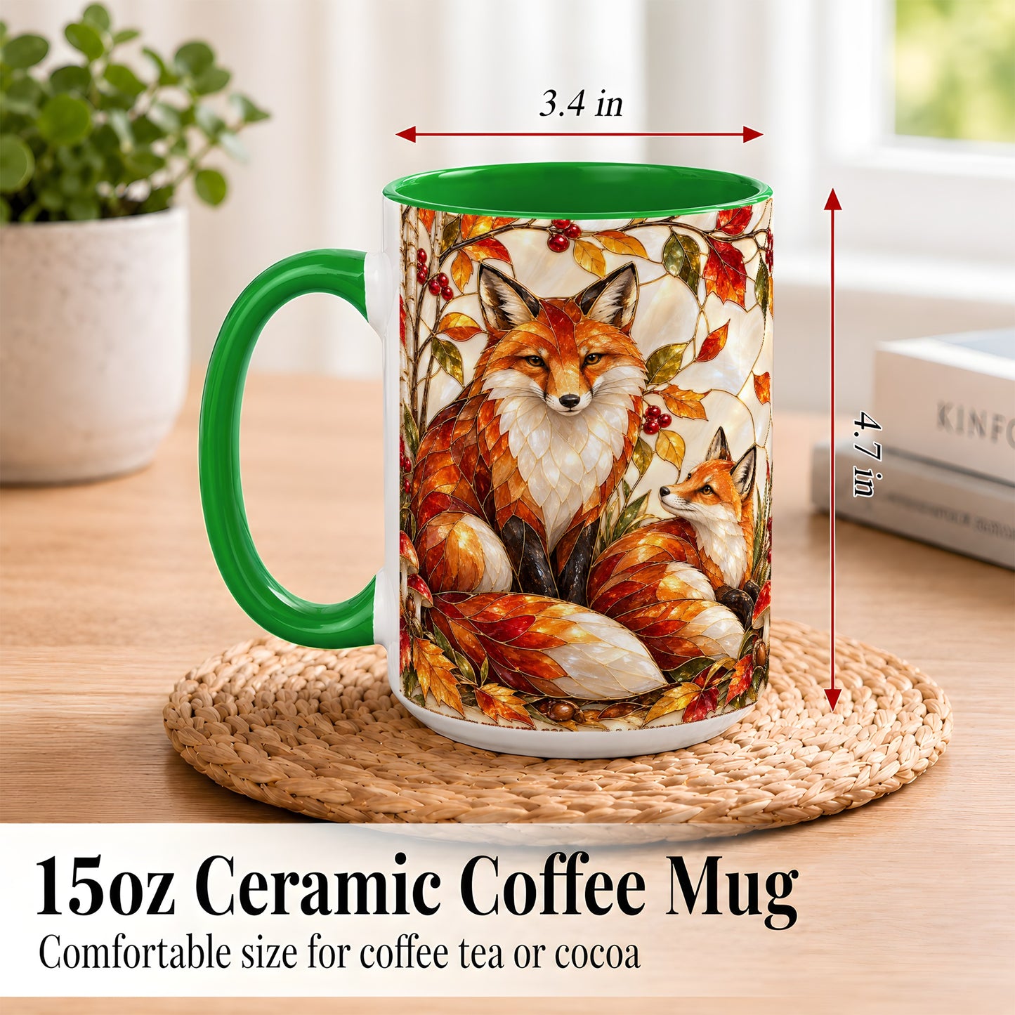 #pl[15oz|Green] Stained Glass Style Fox Coffee Mug, Autumn Fox Mug, Ceramic Cup