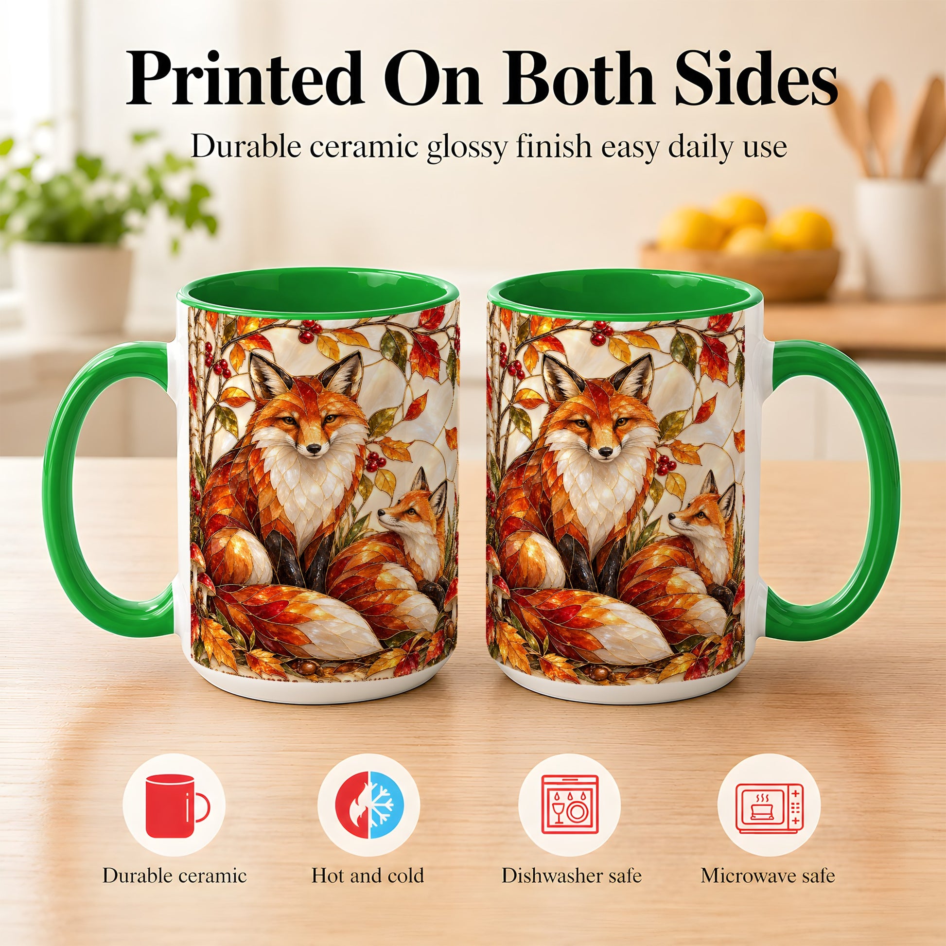 #pl[15oz|Green] Stained Glass Style Fox Coffee Mug, Autumn Fox Mug, Ceramic Cup