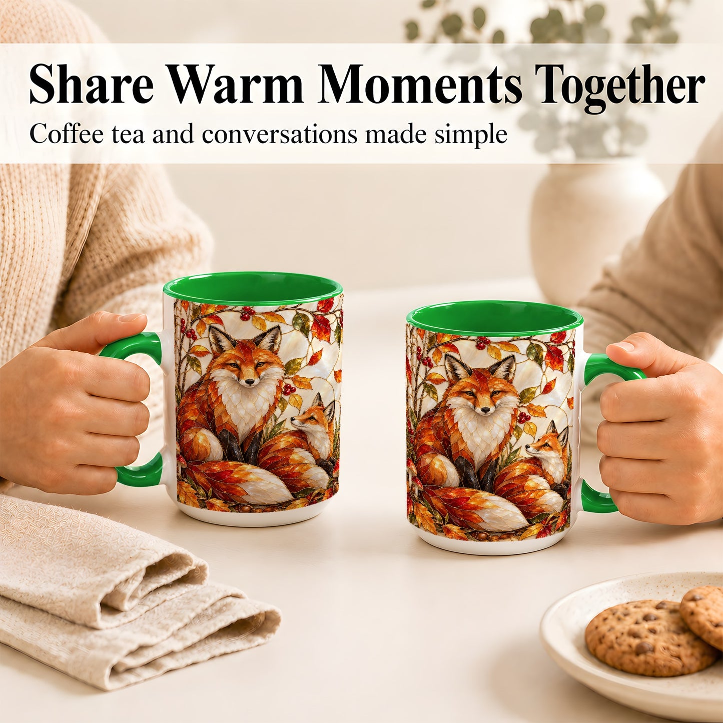 #pl[15oz|Green] Stained Glass Style Fox Coffee Mug, Autumn Fox Mug, Ceramic Cup