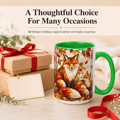 #pl[15oz|Green] Stained Glass Style Fox Coffee Mug, Autumn Fox Mug, Ceramic Cup