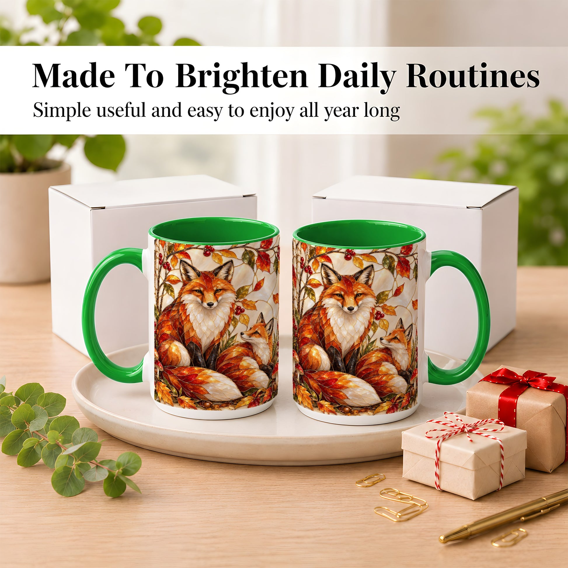#pl[15oz|Green] Stained Glass Style Fox Coffee Mug, Autumn Fox Mug, Ceramic Cup