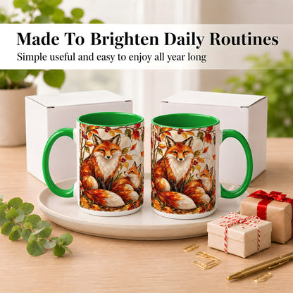 #pl[15oz|Green] Stained Glass Style Fox Coffee Mug, Autumn Fox Mug, Ceramic Cup