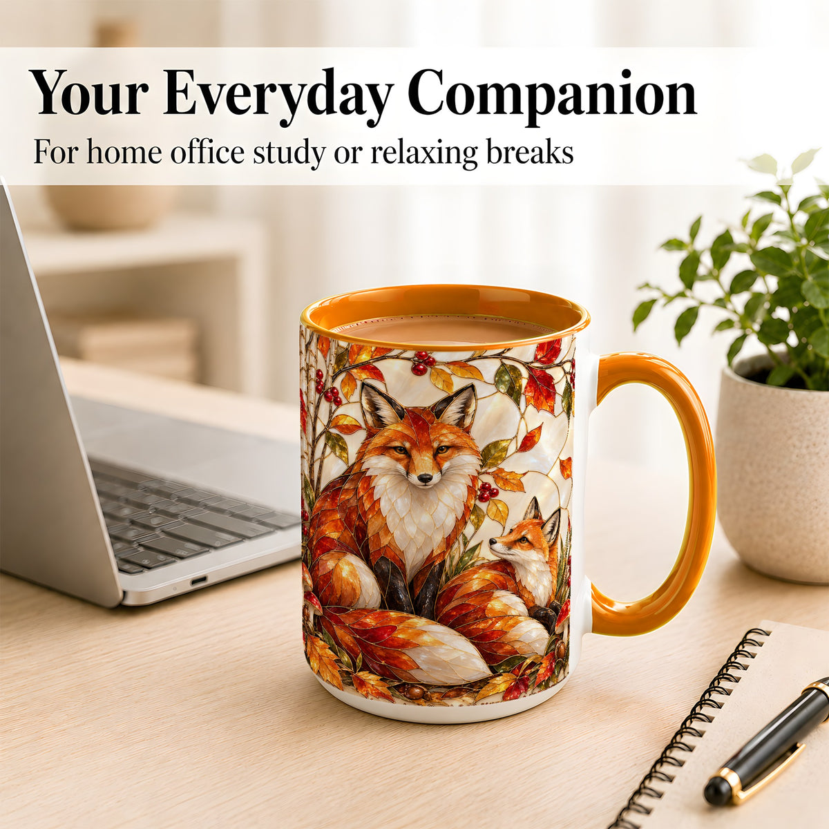 #pl[15oz|Orange] Stained Glass Style Fox Coffee Mug, Autumn Fox Mug, Ceramic Cup