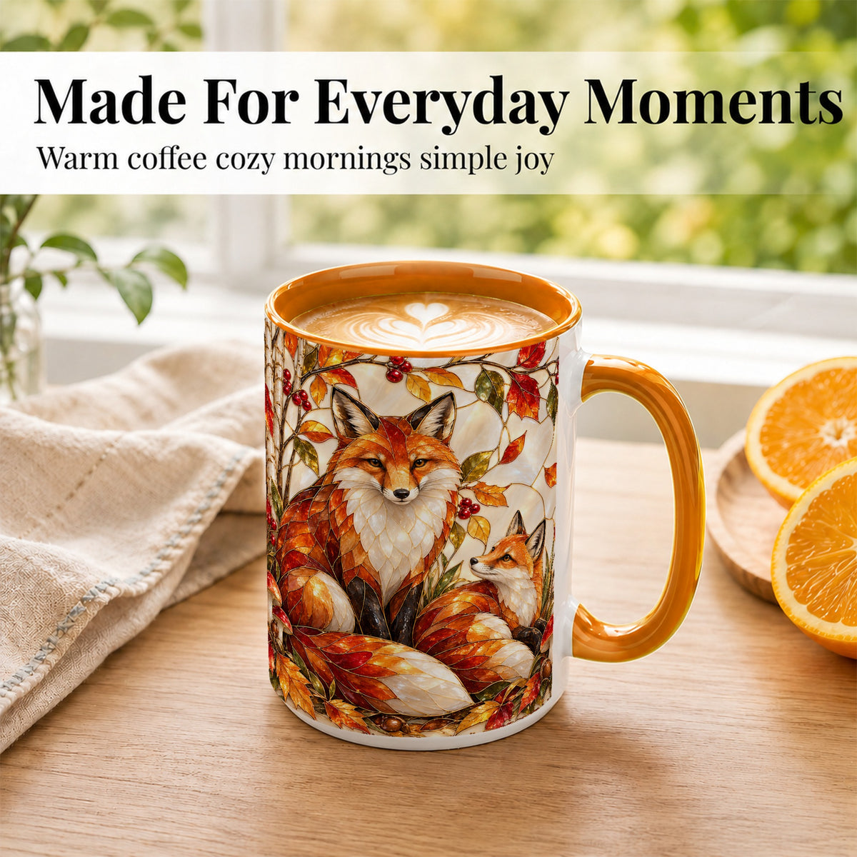 #pl[15oz|Orange] Stained Glass Style Fox Coffee Mug, Autumn Fox Mug, Ceramic Cup