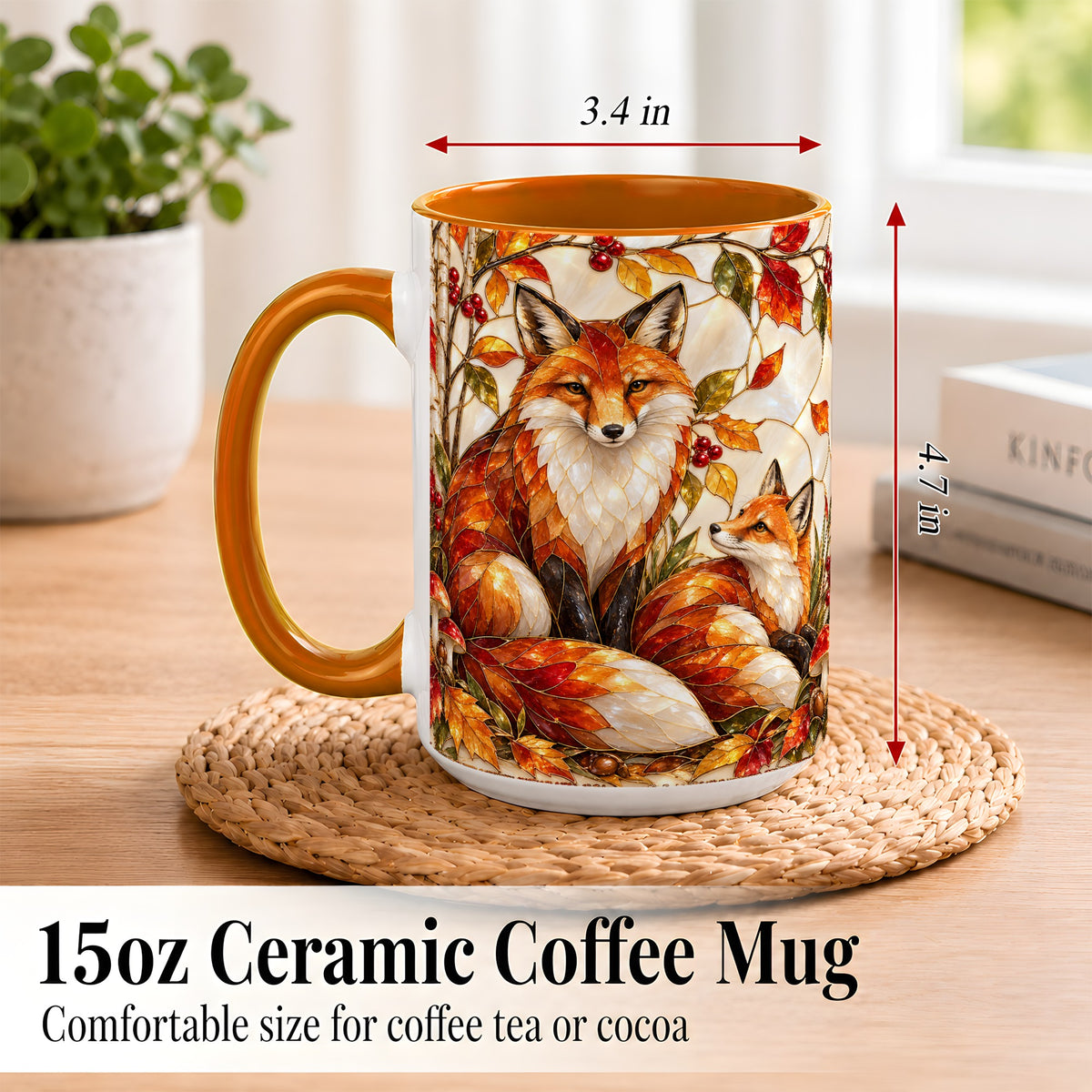 #pl[15oz|Orange] Stained Glass Style Fox Coffee Mug, Autumn Fox Mug, Ceramic Cup