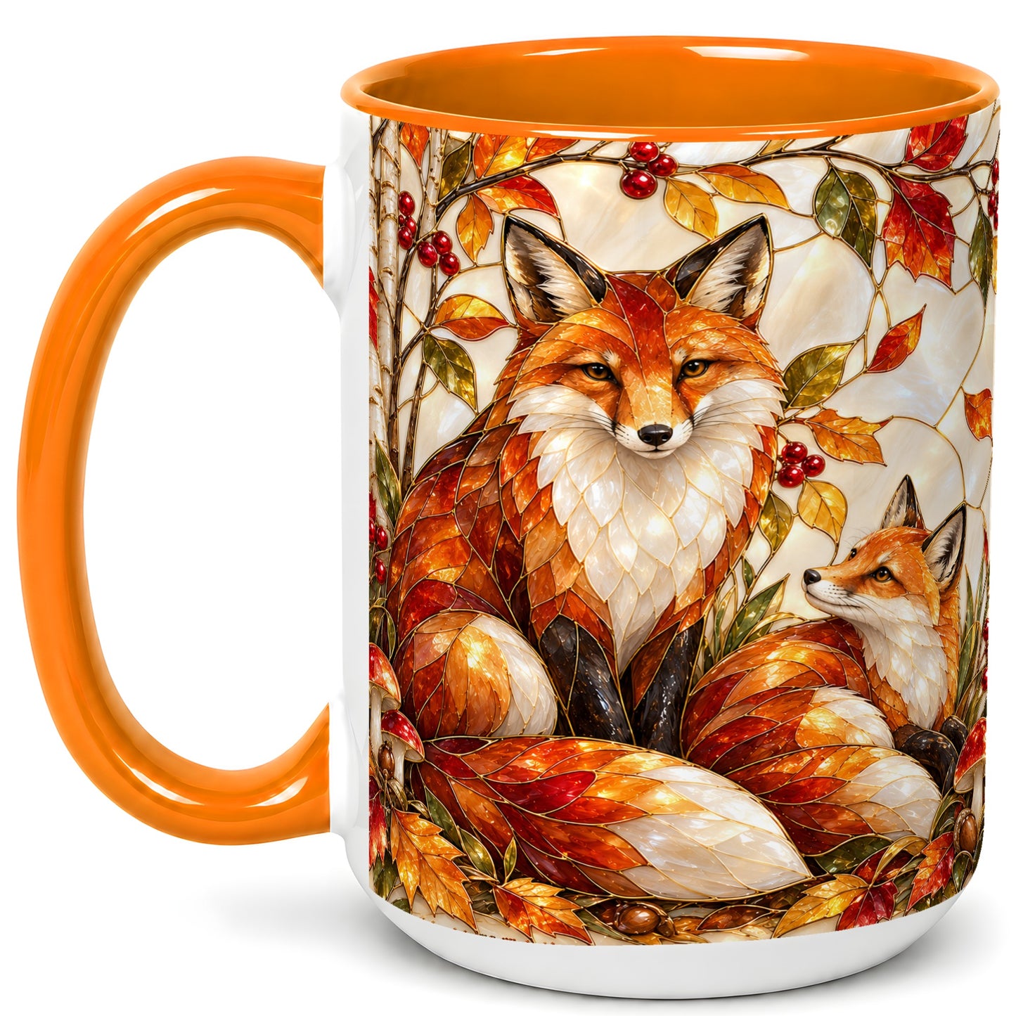 #pl[15oz|Orange] Stained Glass Style Fox Coffee Mug, Autumn Fox Mug, Ceramic Cup