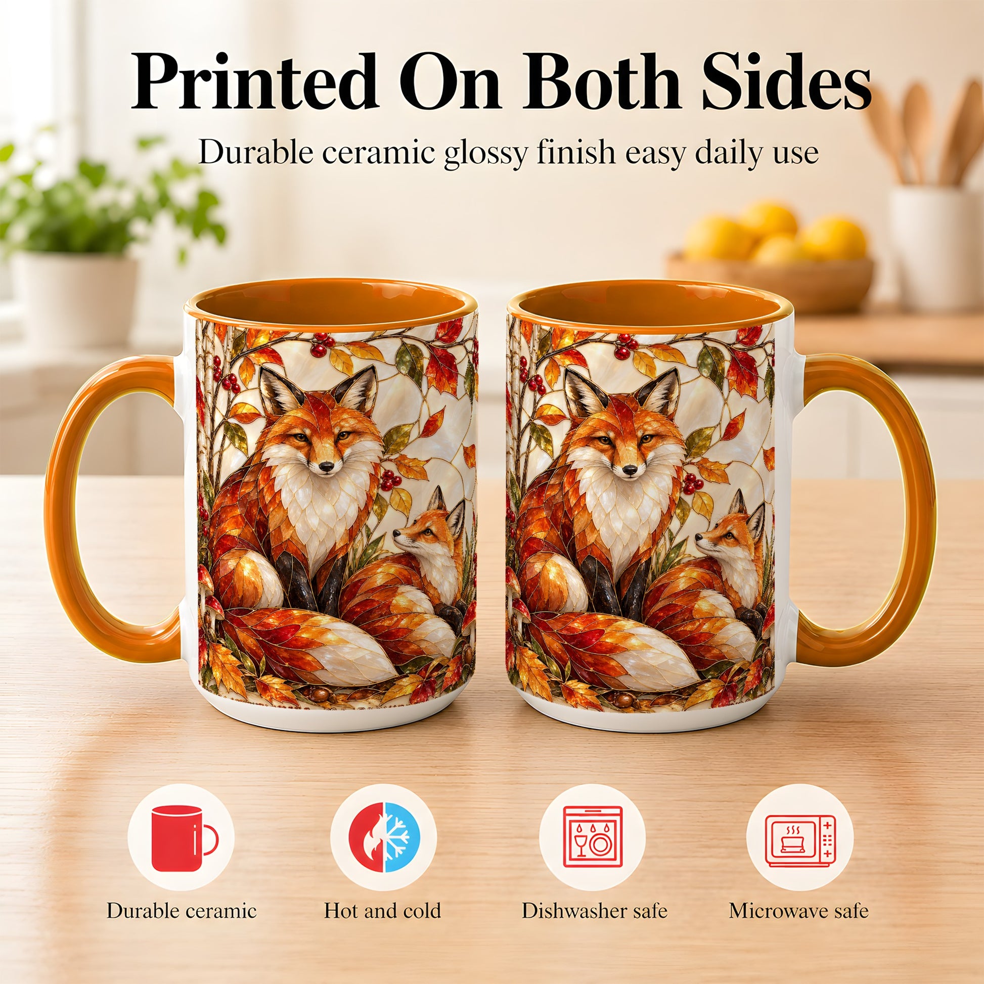 #pl[15oz|Orange] Stained Glass Style Fox Coffee Mug, Autumn Fox Mug, Ceramic Cup