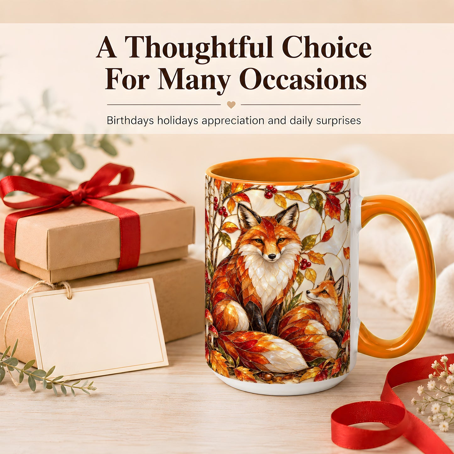 #pl[15oz|Orange] Stained Glass Style Fox Coffee Mug, Autumn Fox Mug, Ceramic Cup
