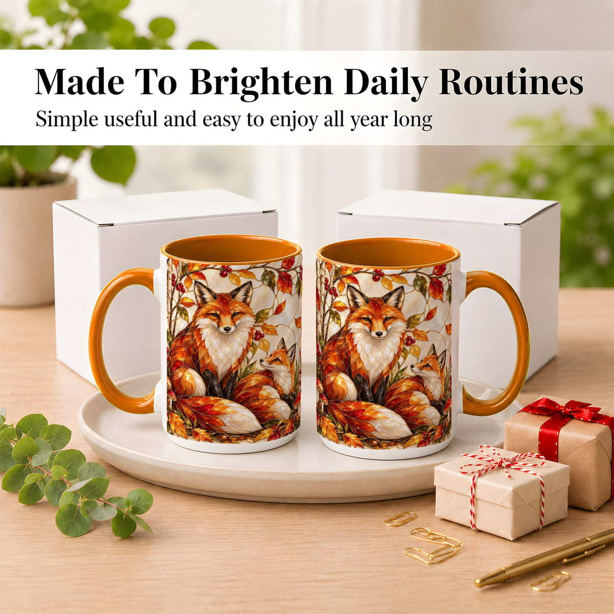 #pl[15oz|Orange] Stained Glass Style Fox Coffee Mug, Autumn Fox Mug, Ceramic Cup