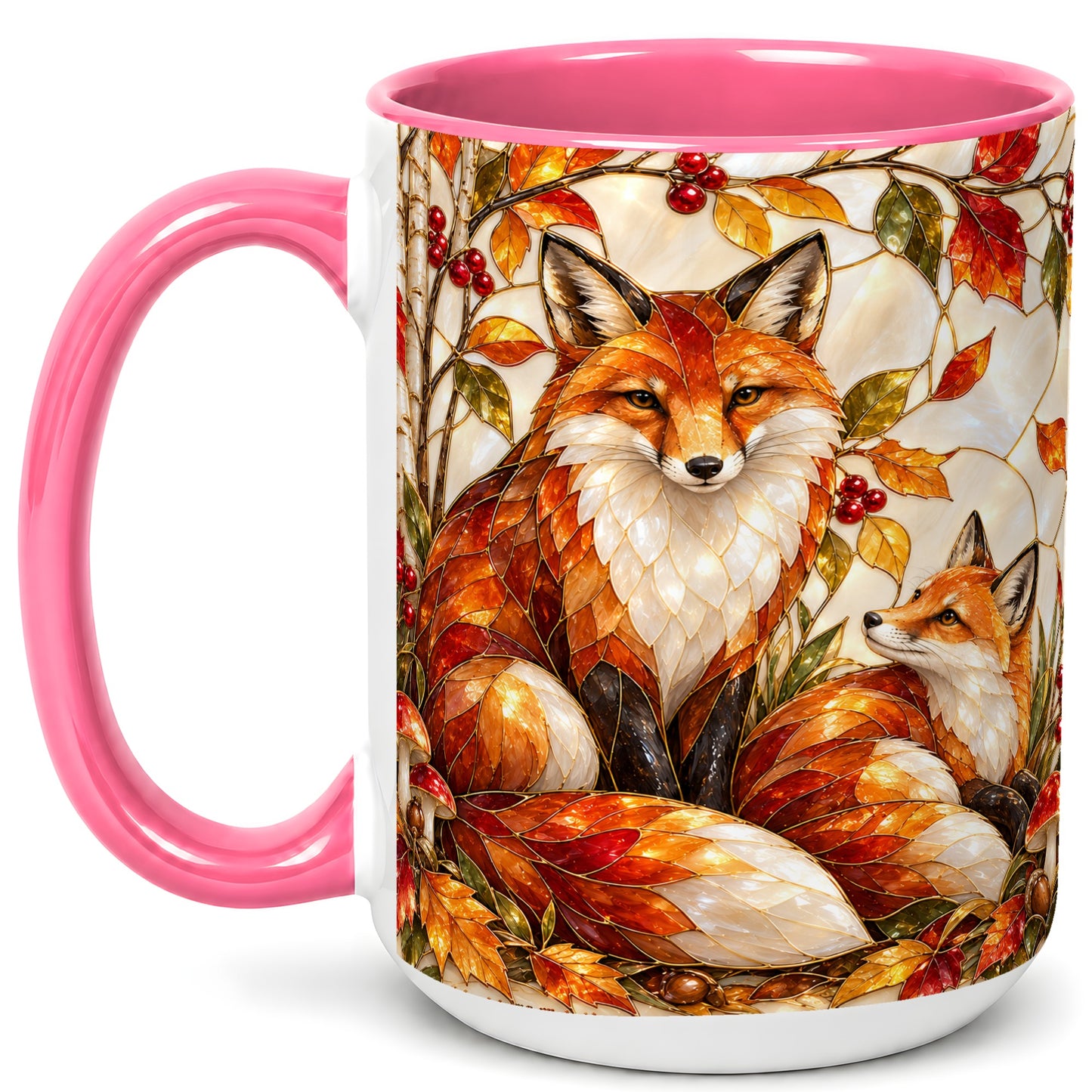 #pl[15oz|Pink] Stained Glass Style Fox Coffee Mug, Autumn Fox Mug, Ceramic Cup