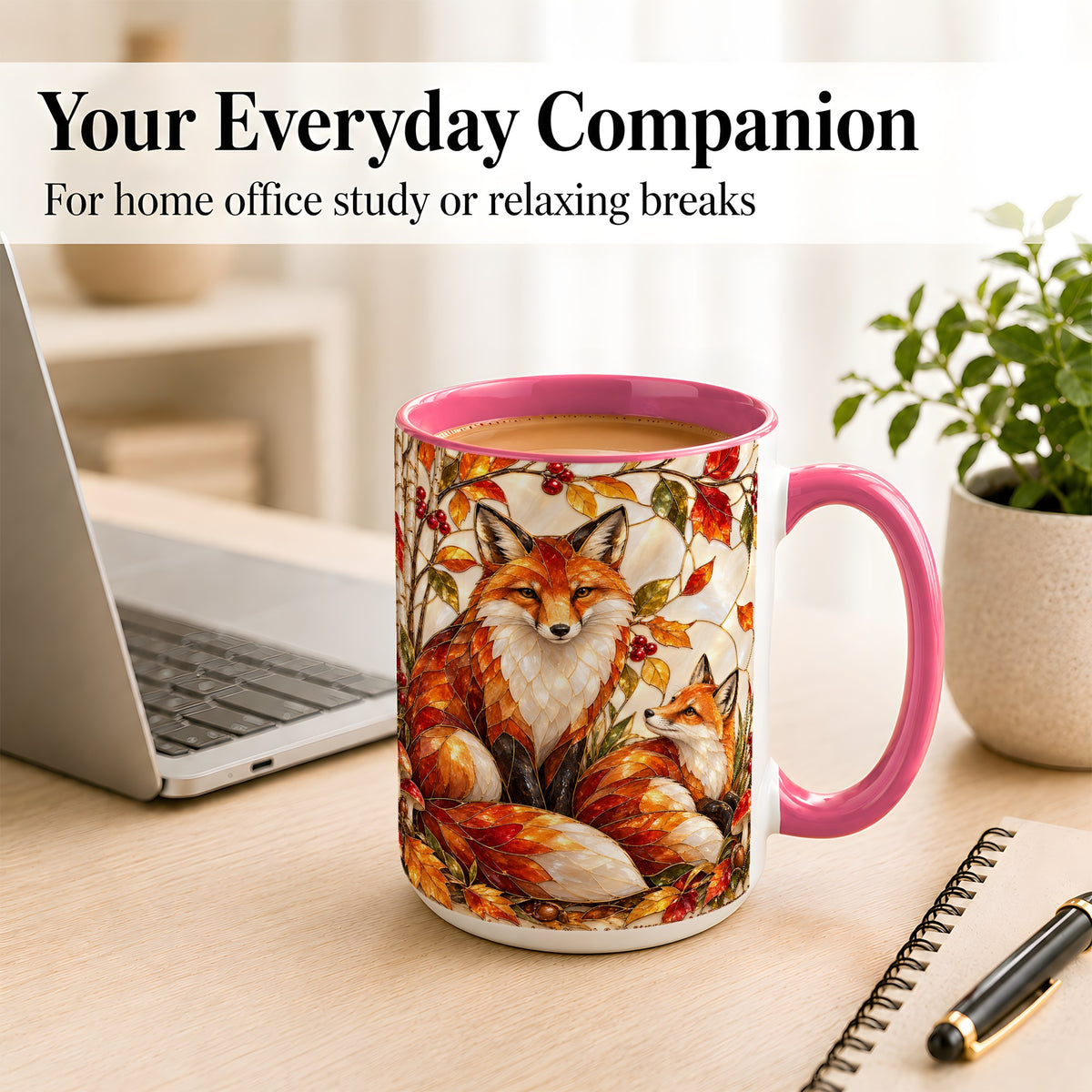 #pl[15oz|Pink] Stained Glass Style Fox Coffee Mug, Autumn Fox Mug, Ceramic Cup